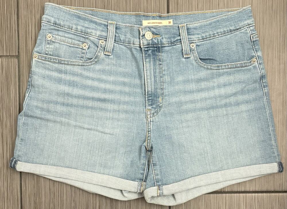 Levis Jean Shorts Blue Denim Mid Length Cuff Pockets Stretch Women's Size 31